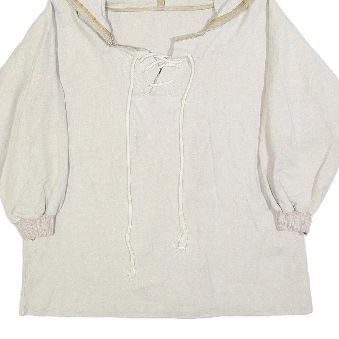 Womens Cream Hooded Pullover L Lace-Up Hoodie Patch Detail Casual