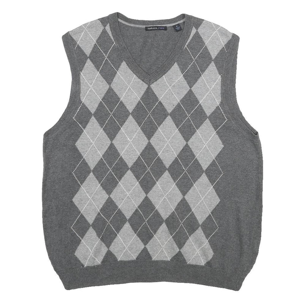 VAN HEUSEN Mens Grey Argyle Pattern V-Neck Cotton Jumper Vest M Classic knitwear