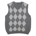 VAN HEUSEN Mens Grey Argyle Pattern V-Neck Cotton Jumper Vest M Classic knitwear
