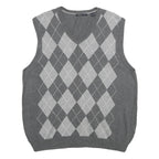 VAN HEUSEN Mens Grey Argyle Pattern V-Neck Cotton Jumper Vest M Classic knitwear