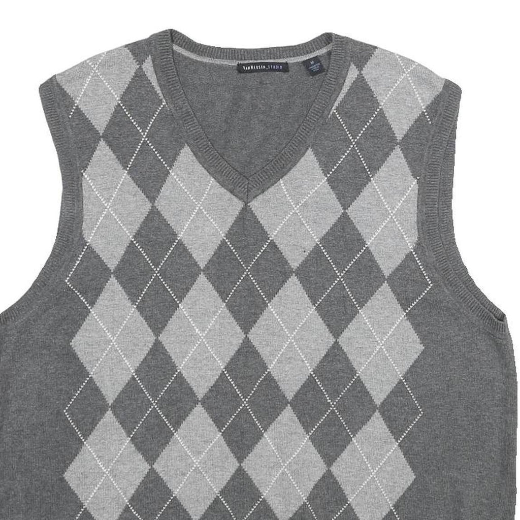 VAN HEUSEN Mens Grey Argyle Pattern V-Neck Cotton Jumper Vest M Classic knitwear
