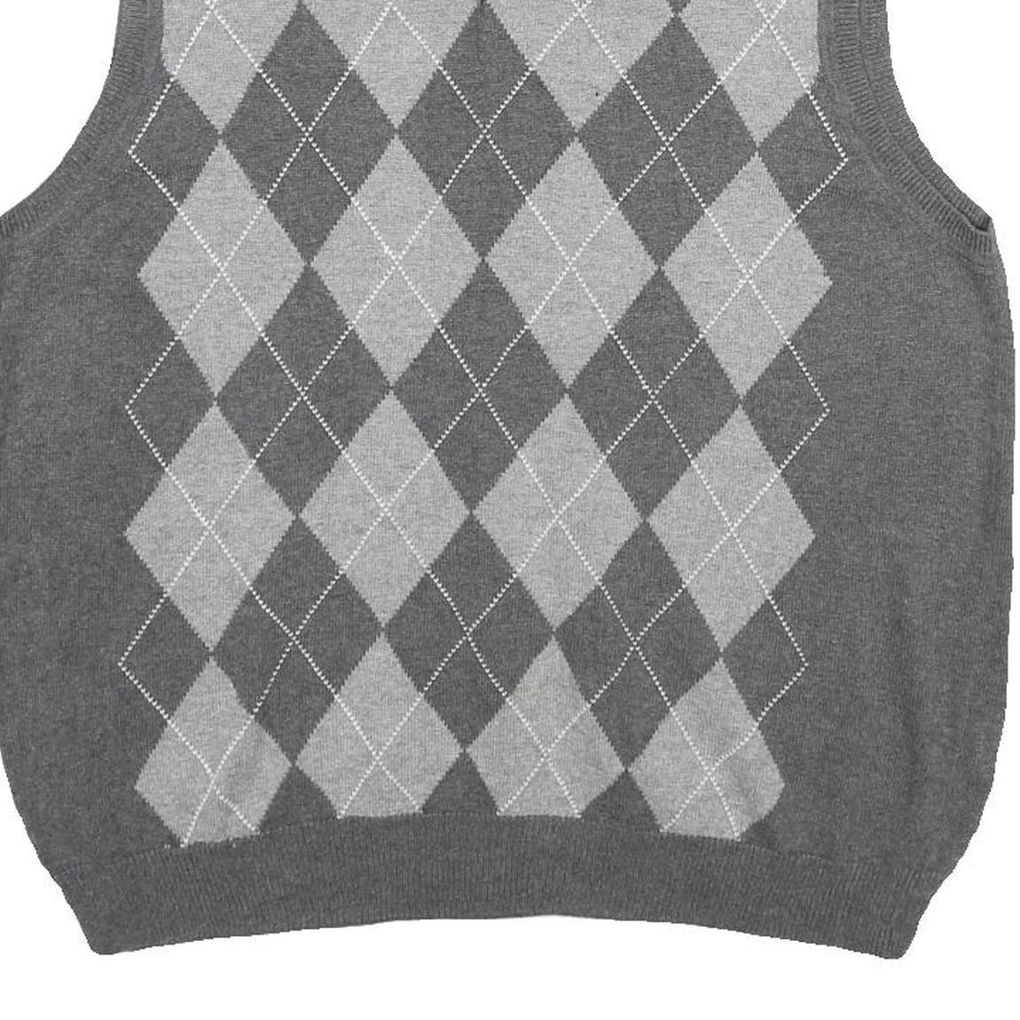 VAN HEUSEN Mens Grey Argyle Pattern V-Neck Cotton Jumper Vest M Classic knitwear