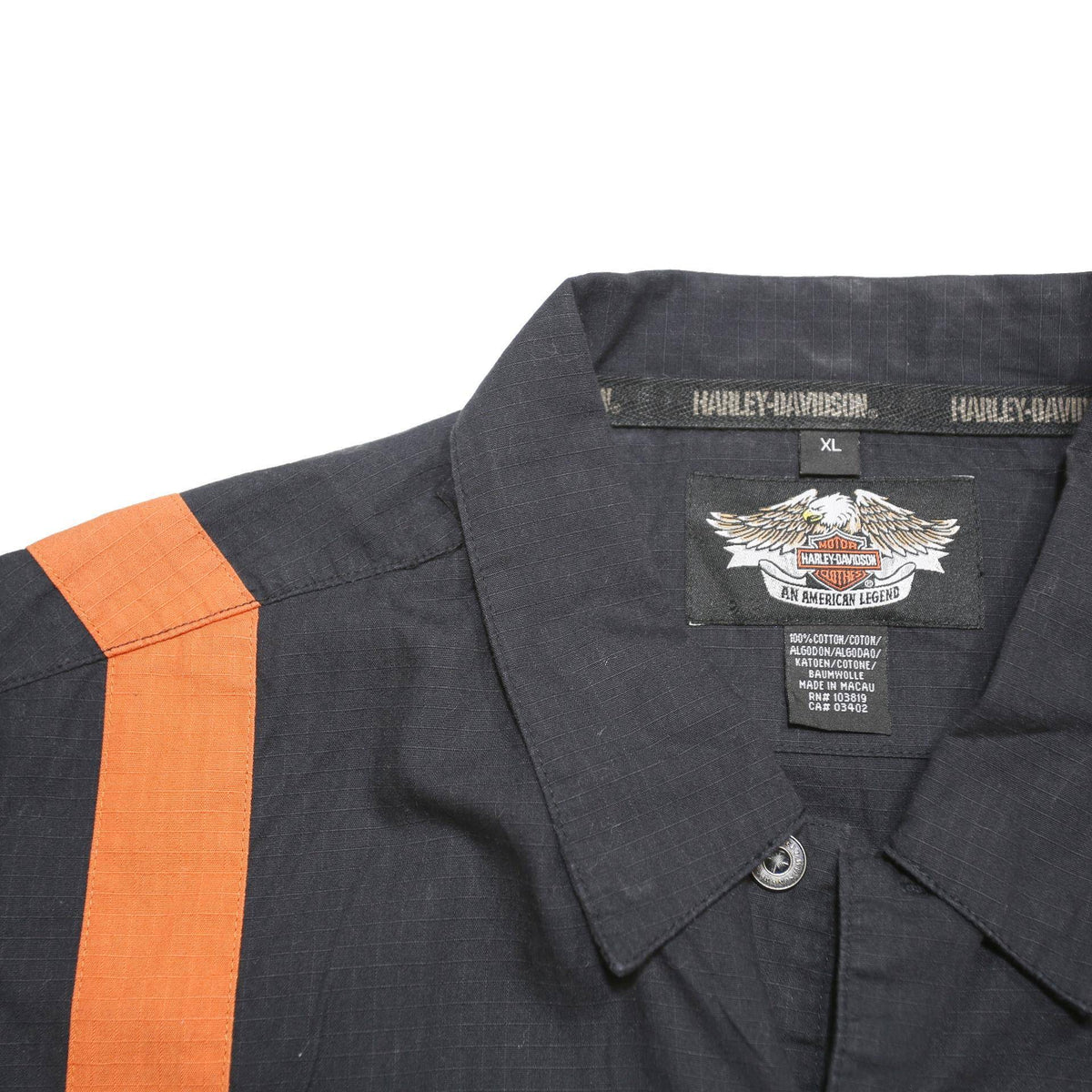 HARLEY DAVIDSON Mens Black & Orange Shirt XL Cotton Blend Button Short Sleeve