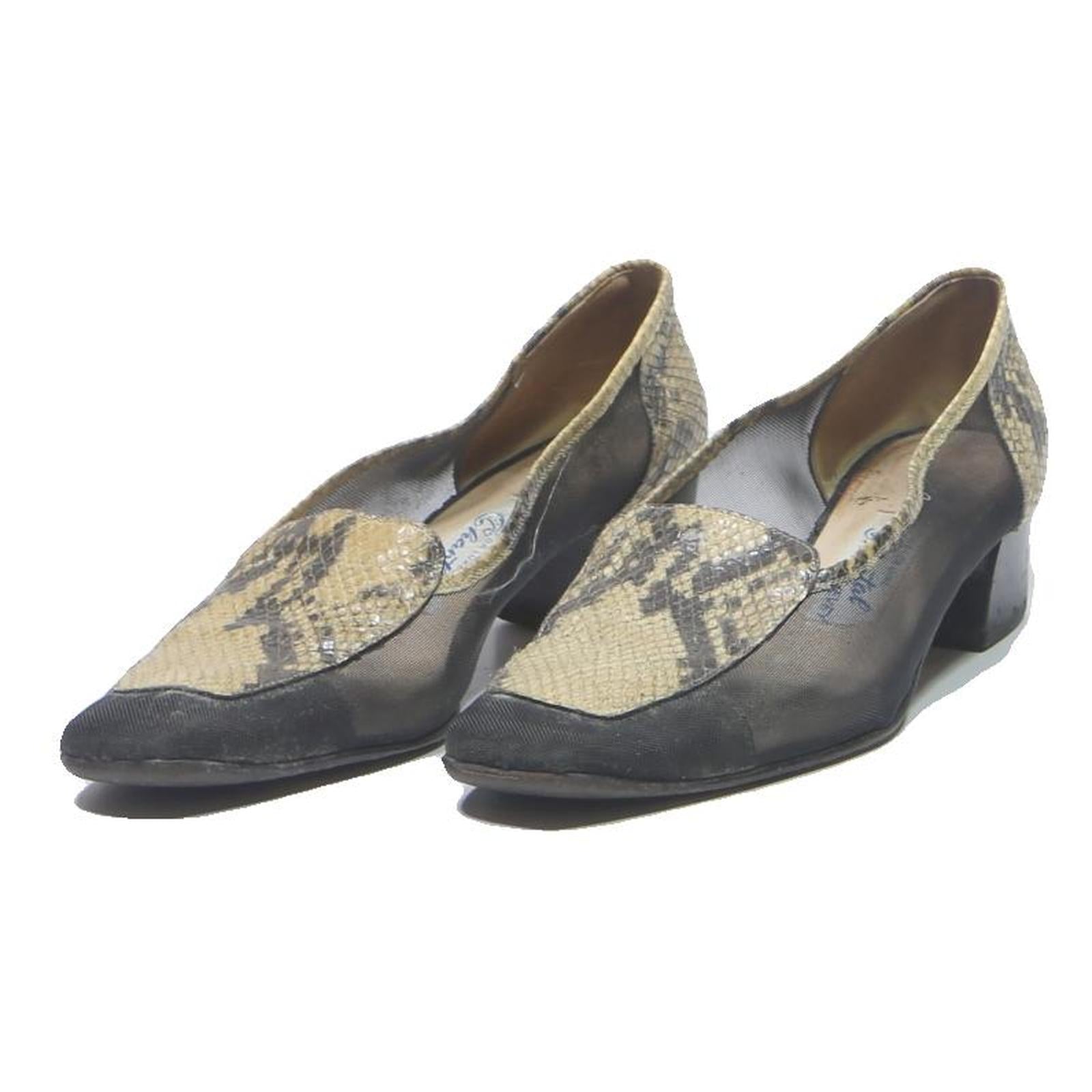 CHANTAL Womens Black & Beige Snake Print Leather Mid Heel Shoes UK 5.5 Classic