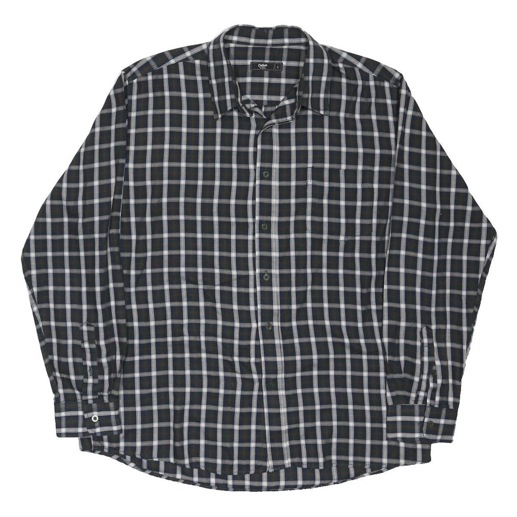 COTTON TRADERS Mens Black Blue Checked Shirt L Classic Fit Cotton Blend Casual