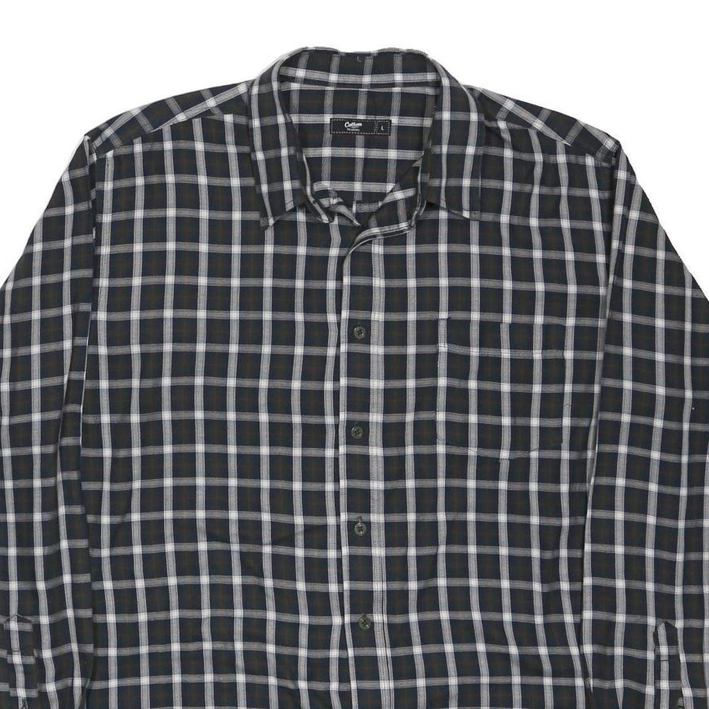 COTTON TRADERS Mens Black Blue Checked Shirt L Classic Fit Cotton Blend Casual