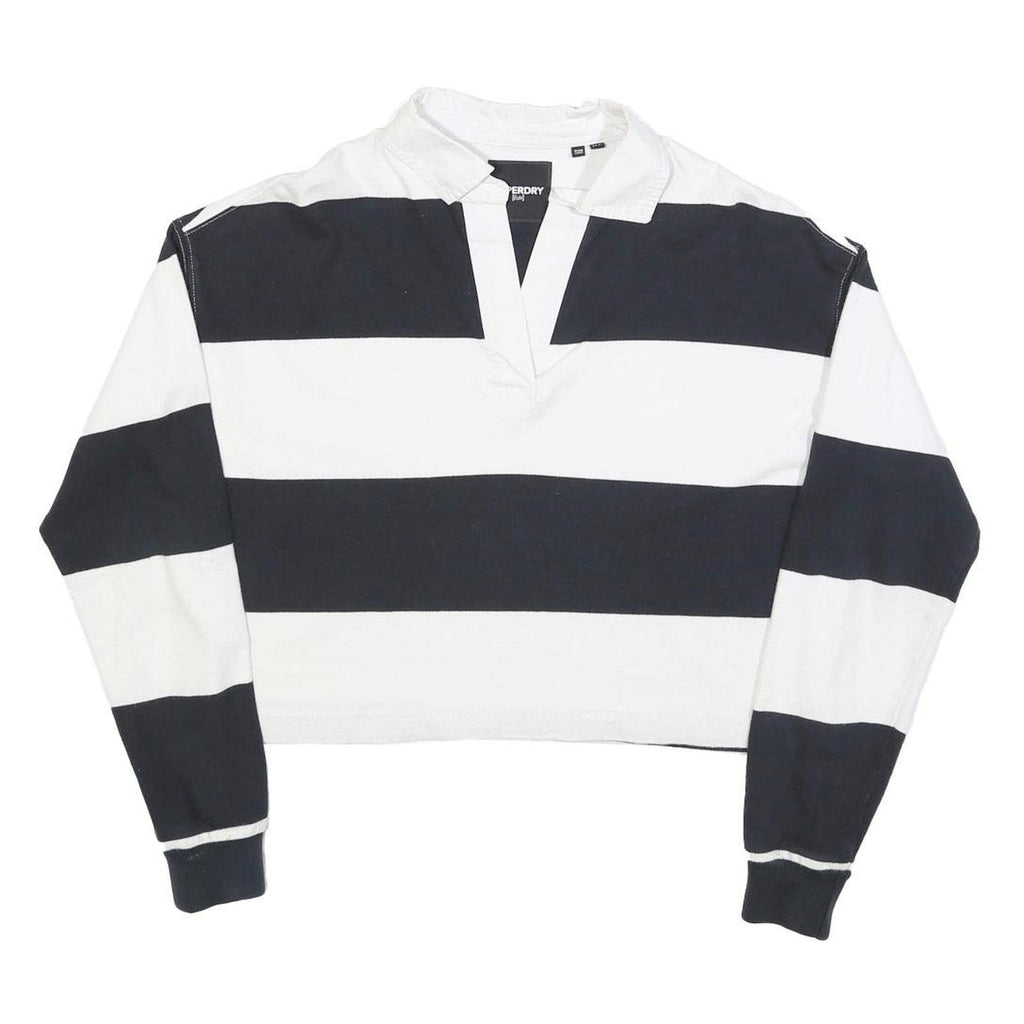 SUPERDRY Womens Black & White Striped Long Sleeve Polo Shirt UK 6 Cotton Blend