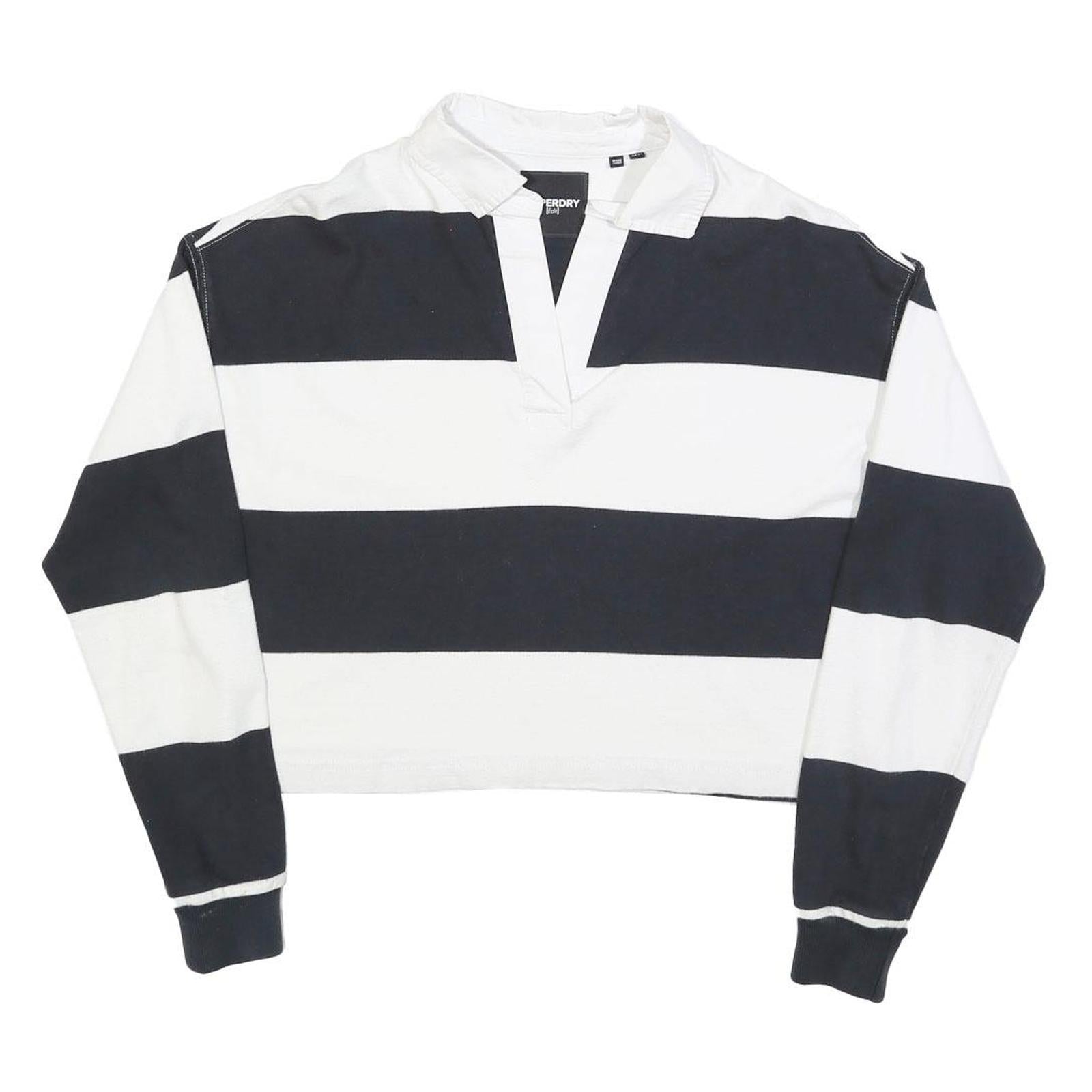 SUPERDRY Womens Black & White Striped Long Sleeve Polo Shirt UK 6 Cotton Blend