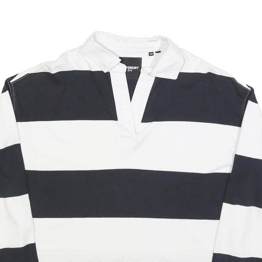 SUPERDRY Womens Black & White Striped Long Sleeve Polo Shirt UK 6 Cotton Blend