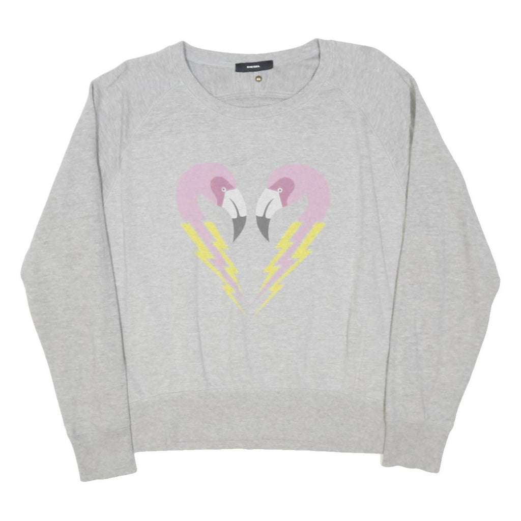 DIESEL Womens Grey Sweatshirt Flamingo Graphic Crew Neck XS Cotton Blend Casual