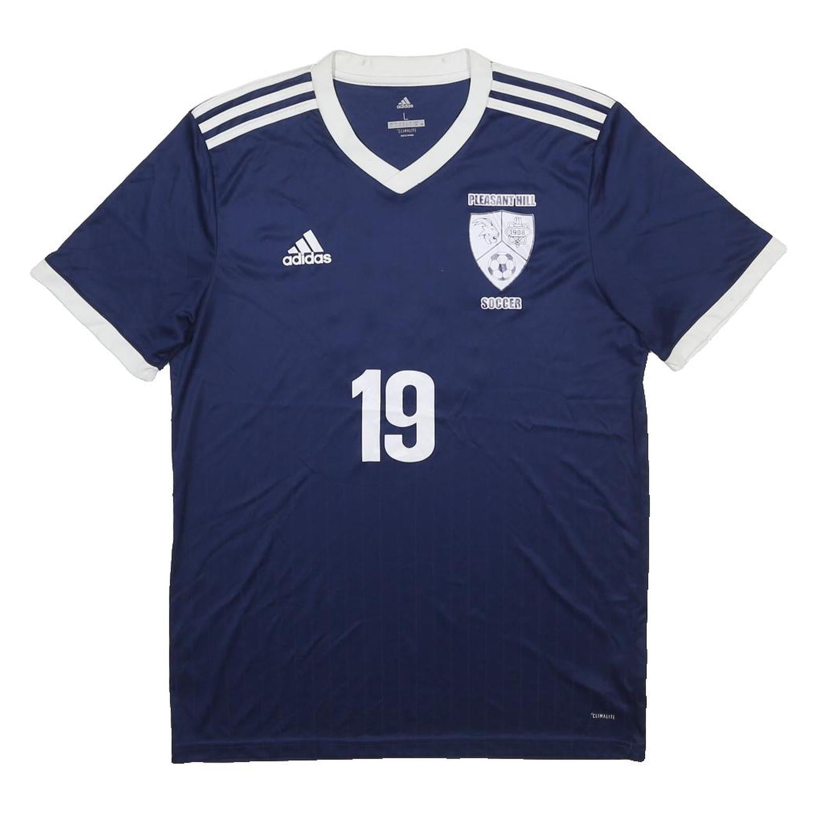 ADIDAS Mens Blue & White Soccer T-Shirt L Short Sleeve V-Neck 19 Number
