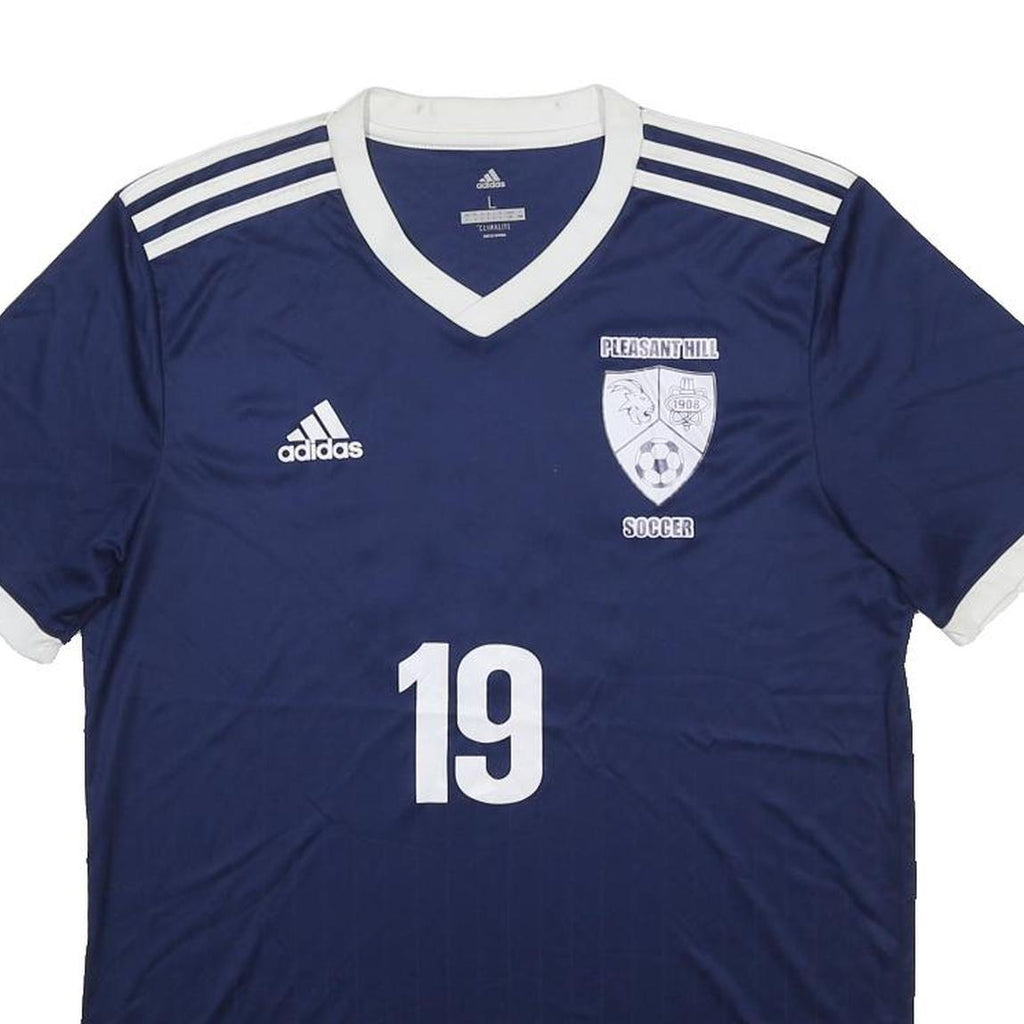 ADIDAS Mens Blue & White Soccer T-Shirt L Short Sleeve V-Neck 19 Number