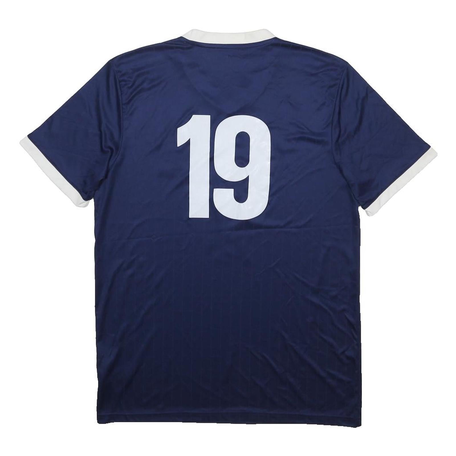 ADIDAS Mens Blue & White Soccer T-Shirt L Short Sleeve V-Neck 19 Number
