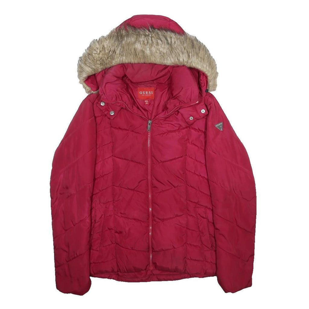 GUESS Womens Red Puffer Jacket XS Polyester Zip Hooded Quilted Casual Winter