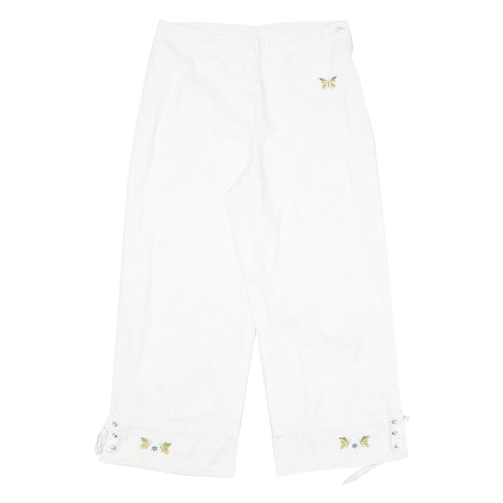 Womens Relaxed White Cotton Blend Crop Trousers W28 L23 Embroidered Butterfly