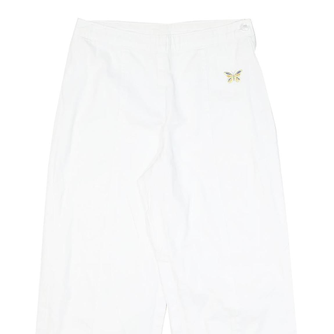 Womens Relaxed White Cotton Blend Crop Trousers W28 L23 Embroidered Butterfly