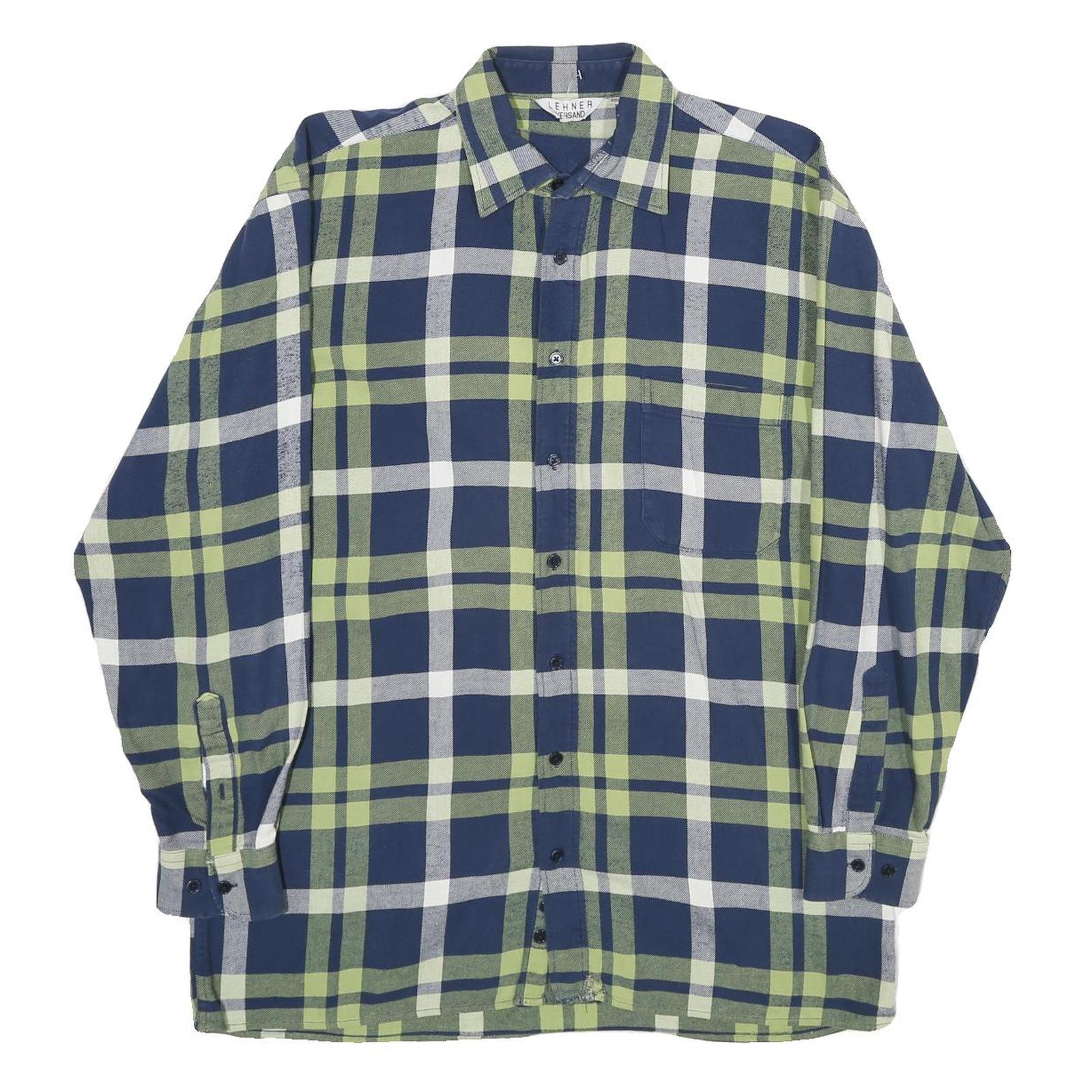 LEHNER VERSAND Mens Blue & Green Check Shirt L Cotton Long Sleeve Casual