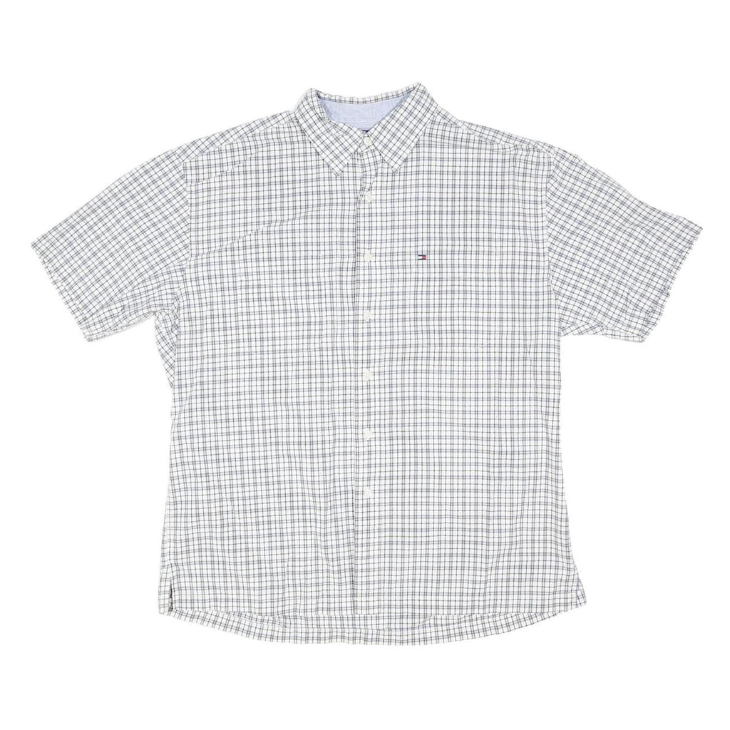 TOMMY HILFIGER Mens White & Grey Check Shirt L Casual Cotton Blend Short Sleeve