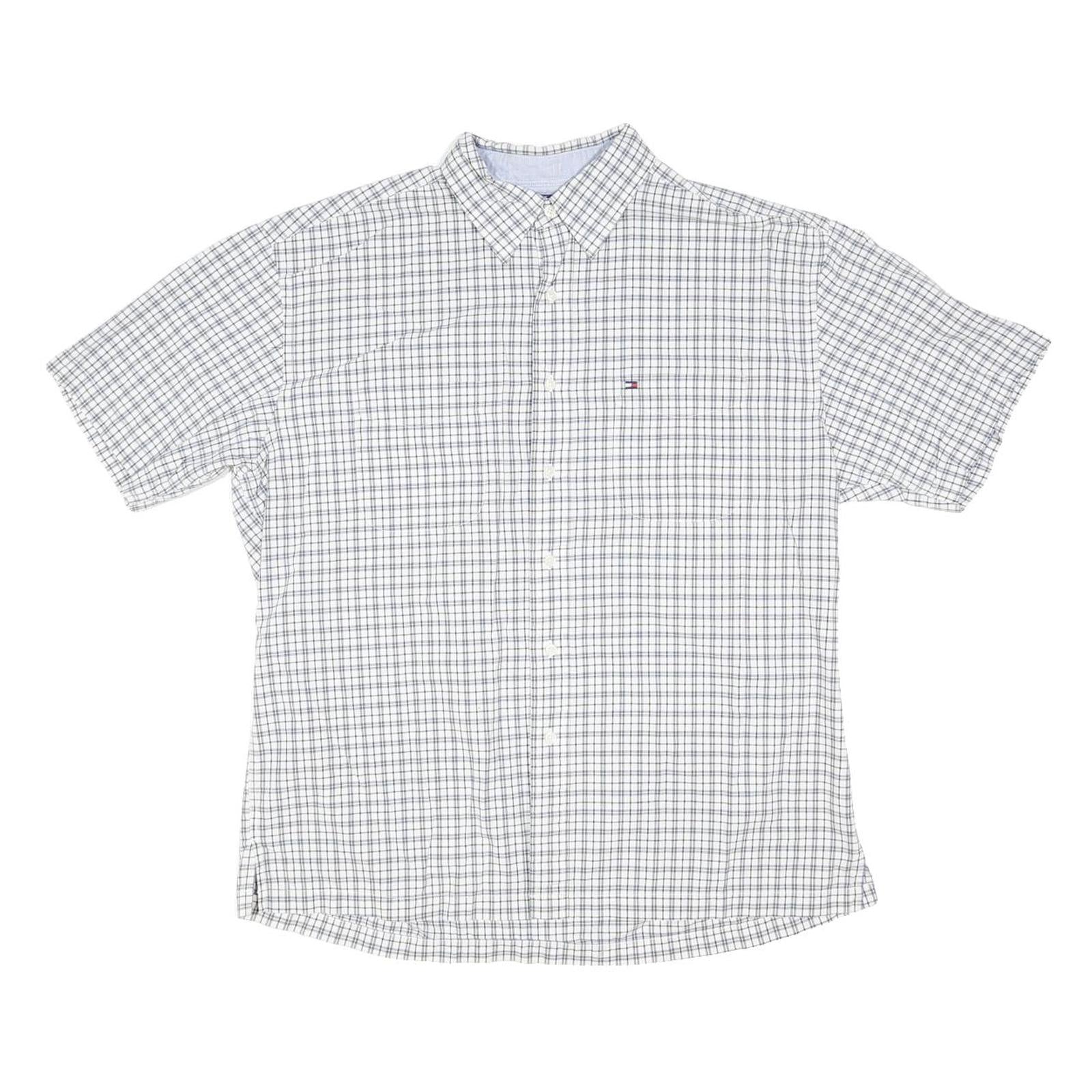 TOMMY HILFIGER Mens White & Grey Check Shirt L Casual Cotton Blend Short Sleeve