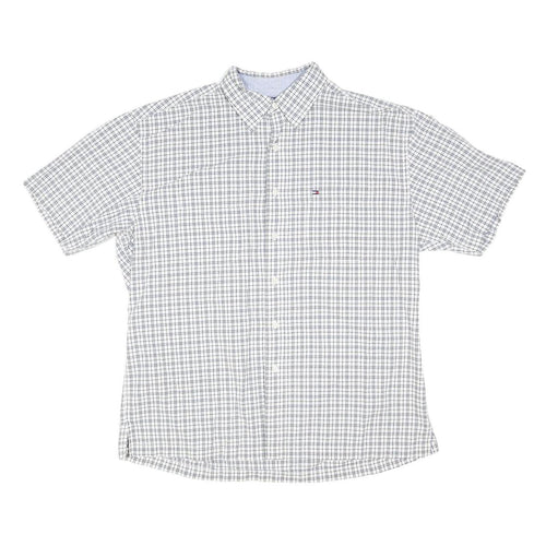 TOMMY HILFIGER Mens White & Grey Check Shirt L Casual Cotton Blend Short Sleeve