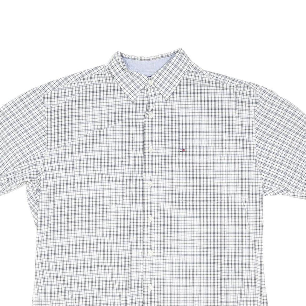 TOMMY HILFIGER Mens White & Grey Check Shirt L Casual Cotton Blend Short Sleeve