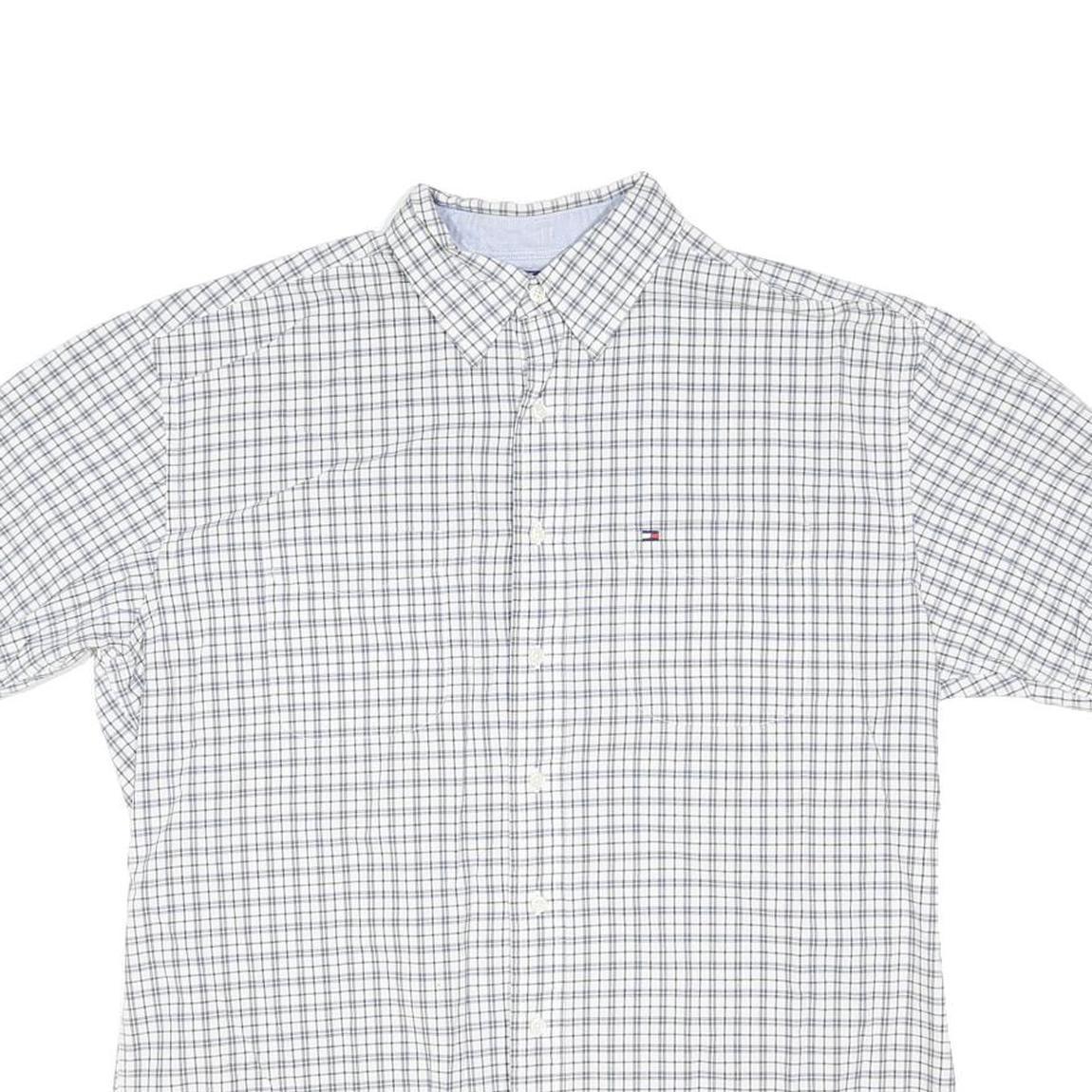 TOMMY HILFIGER Mens White & Grey Check Shirt L Casual Cotton Blend Short Sleeve