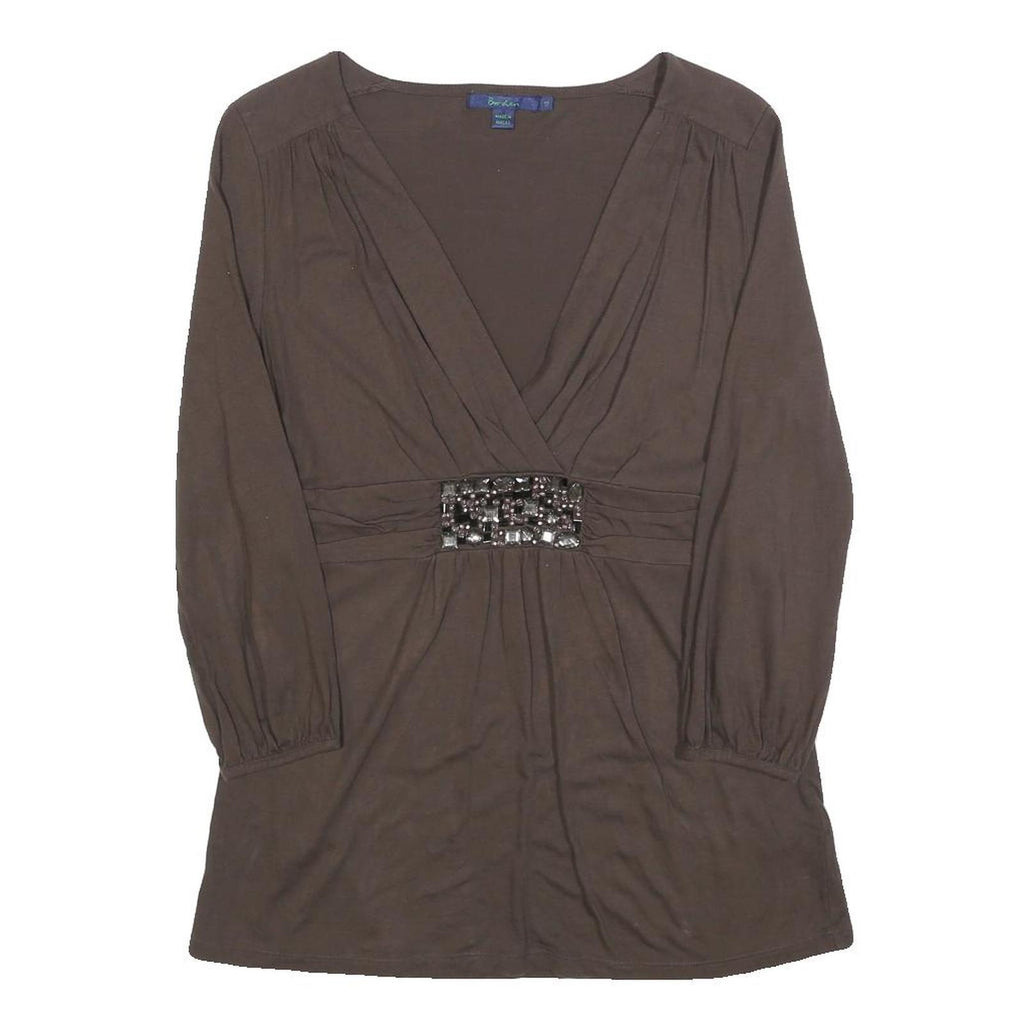 BODEN Womens Brown Embellished V-Neck Long Sleeve Top UK 12 Polyester Blend