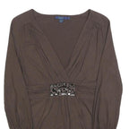 BODEN Womens Brown Embellished V-Neck Long Sleeve Top UK 12 Polyester Blend
