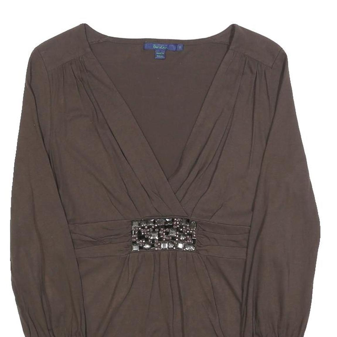 BODEN Womens Brown Embellished V-Neck Long Sleeve Top UK 12 Polyester Blend