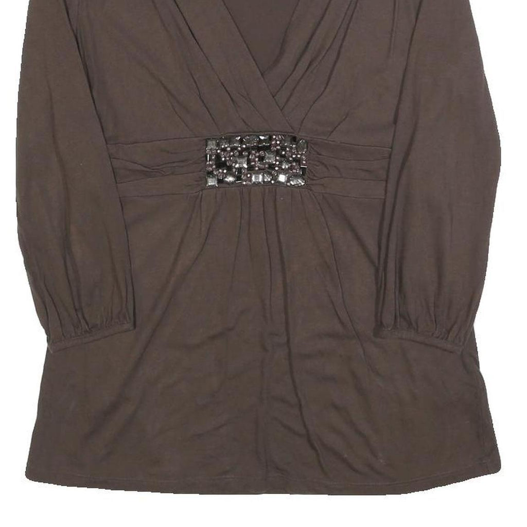 BODEN Womens Brown Embellished V-Neck Long Sleeve Top UK 12 Polyester Blend