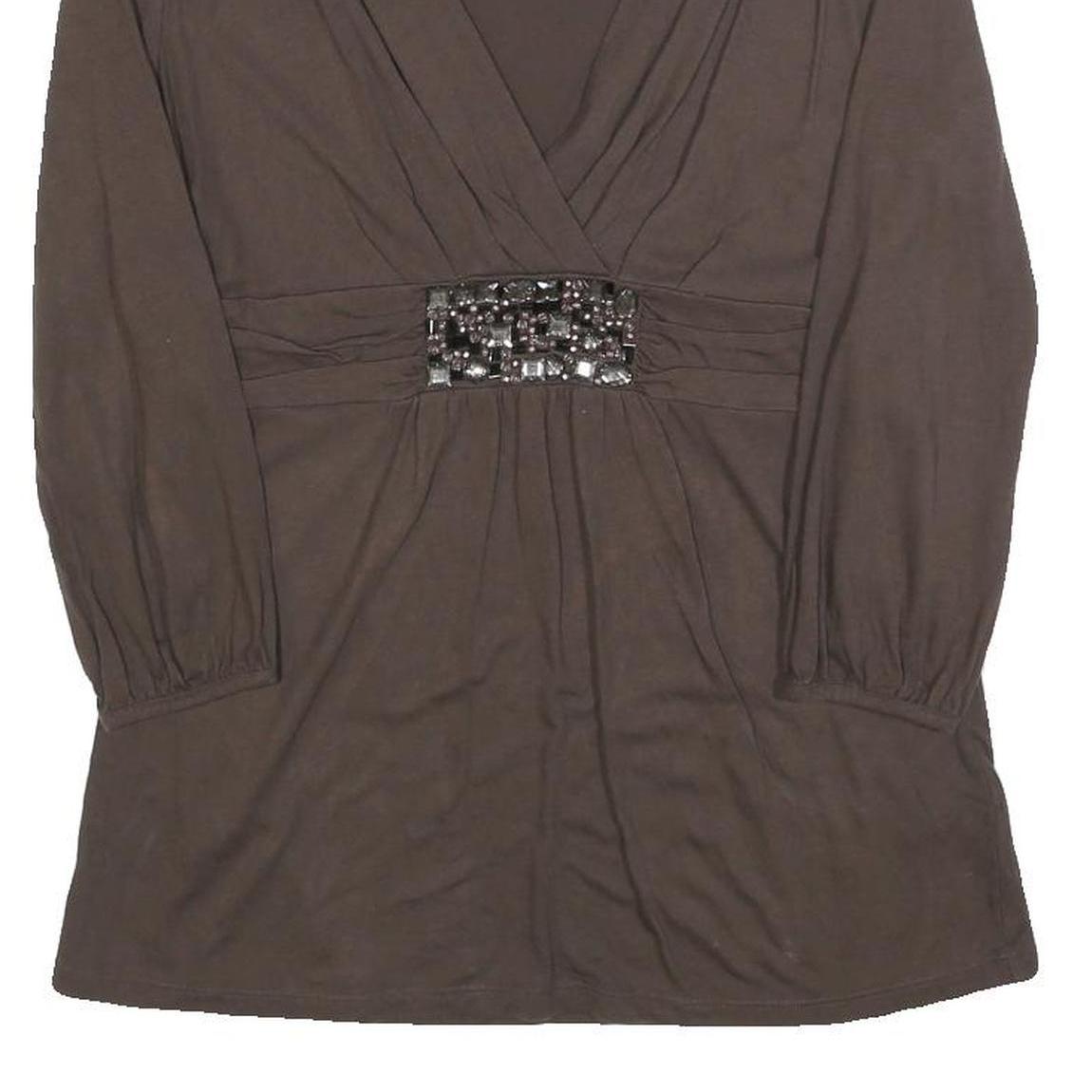 BODEN Womens Brown Embellished V-Neck Long Sleeve Top UK 12 Polyester Blend