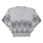 Mens Grey Patterned Wool Blend Jumper V-Neck Basic Knit M Stylish Comfortable