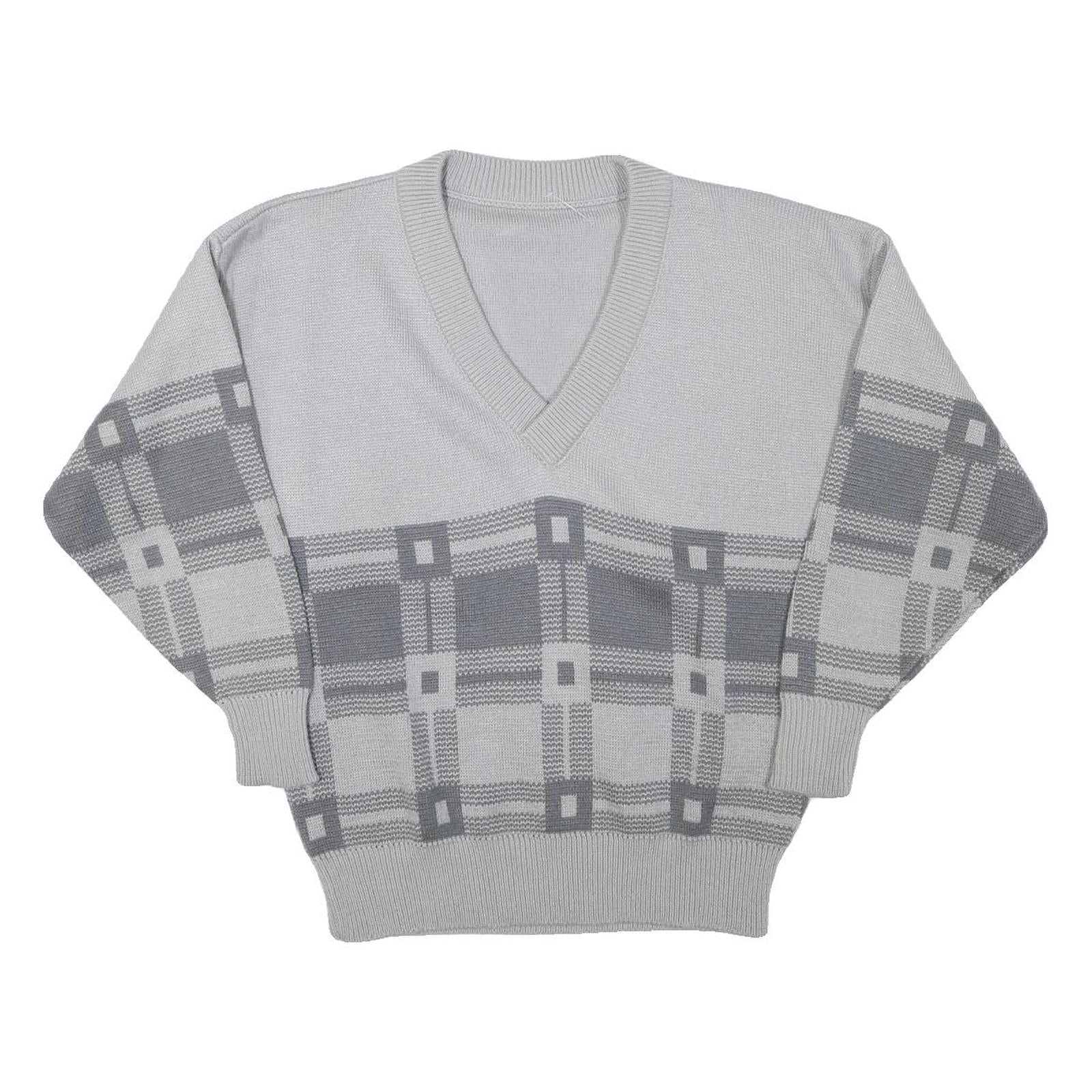 Mens Grey Patterned Wool Blend Jumper V-Neck Basic Knit M Stylish Comfortable