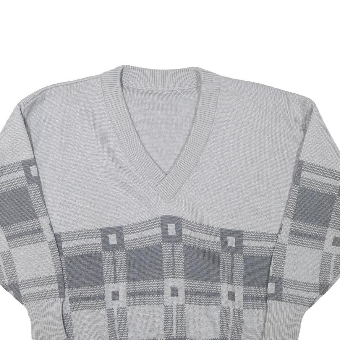 Mens Grey Patterned Wool Blend Jumper V-Neck Basic Knit M Stylish Comfortable