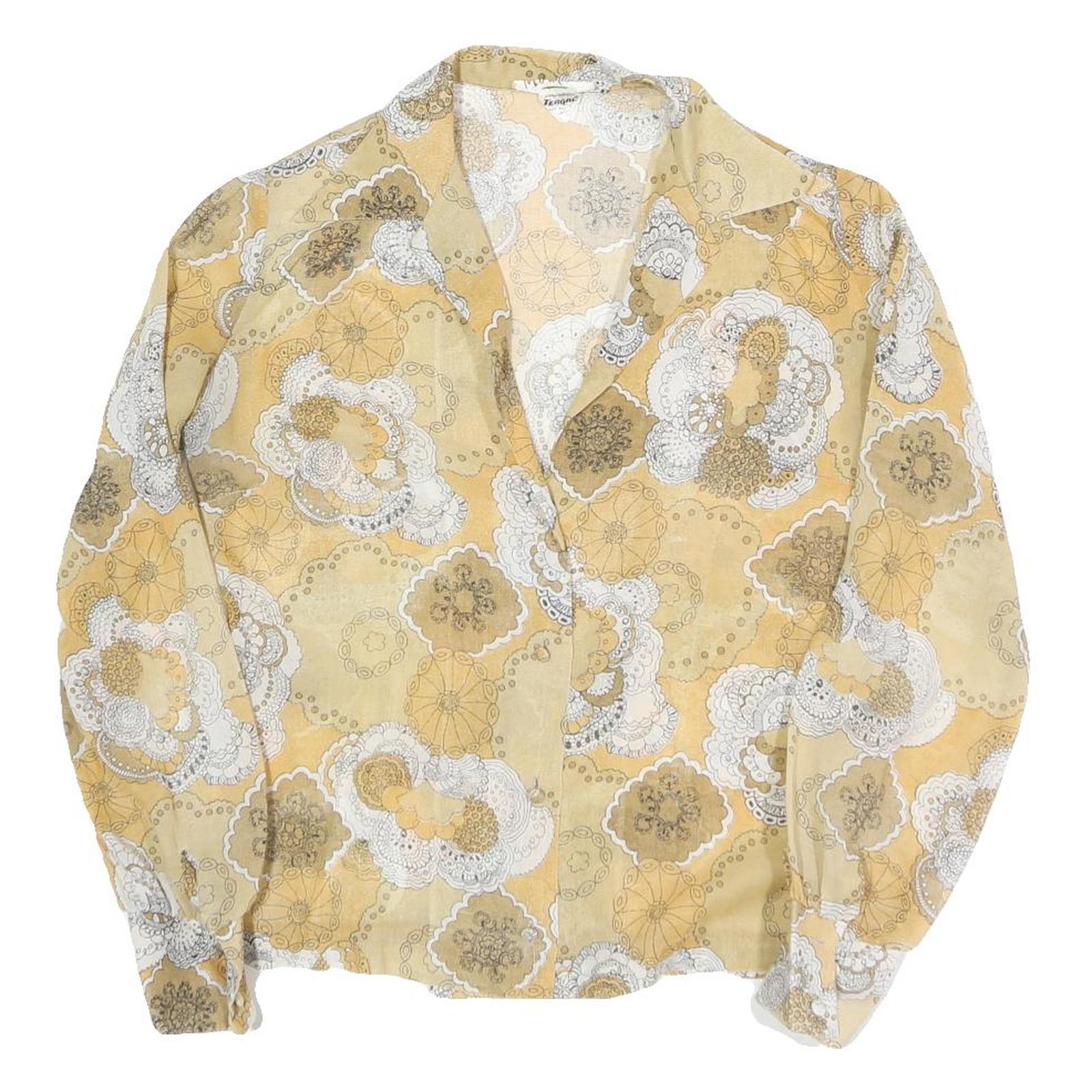 MULIN Womens Beige White Printed Shirt Long Sleeve Collar M Cotton Blend Casual