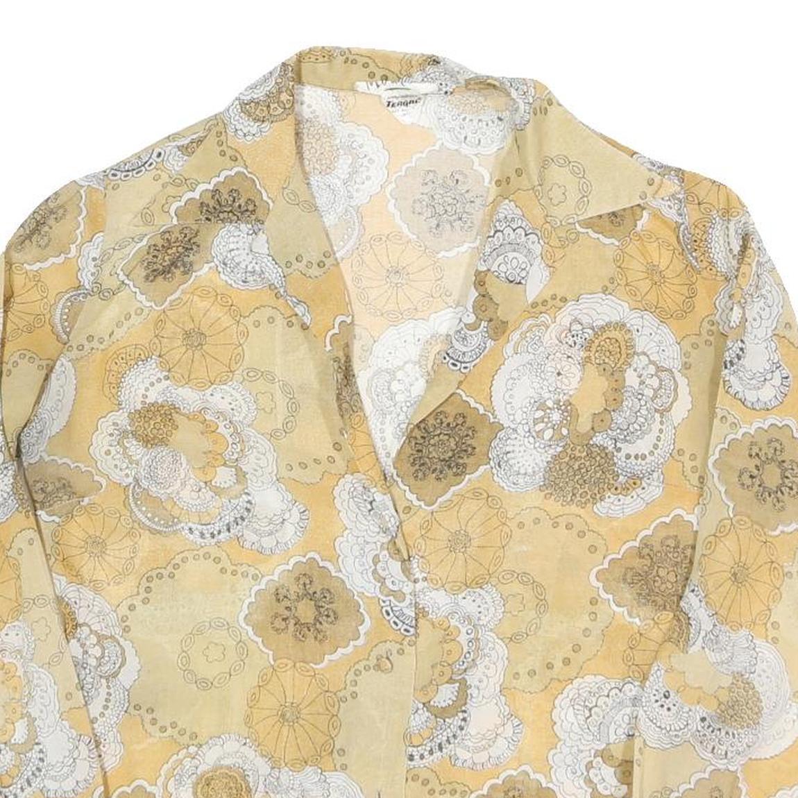 MULIN Womens Beige White Printed Shirt Long Sleeve Collar M Cotton Blend Casual