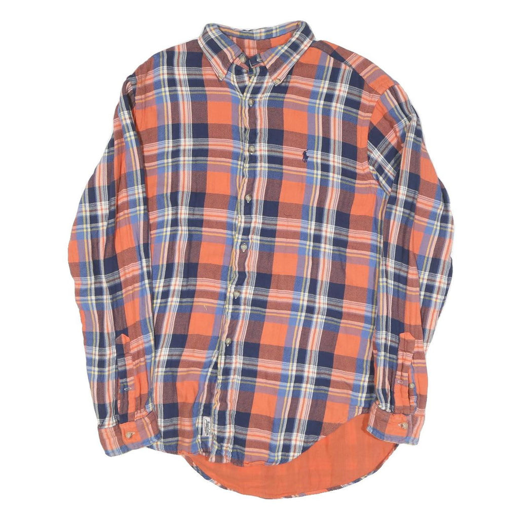 RALPH LAUREN Mens Orange & Blue Check Shirt M Cotton Blend Casual Classic Fit