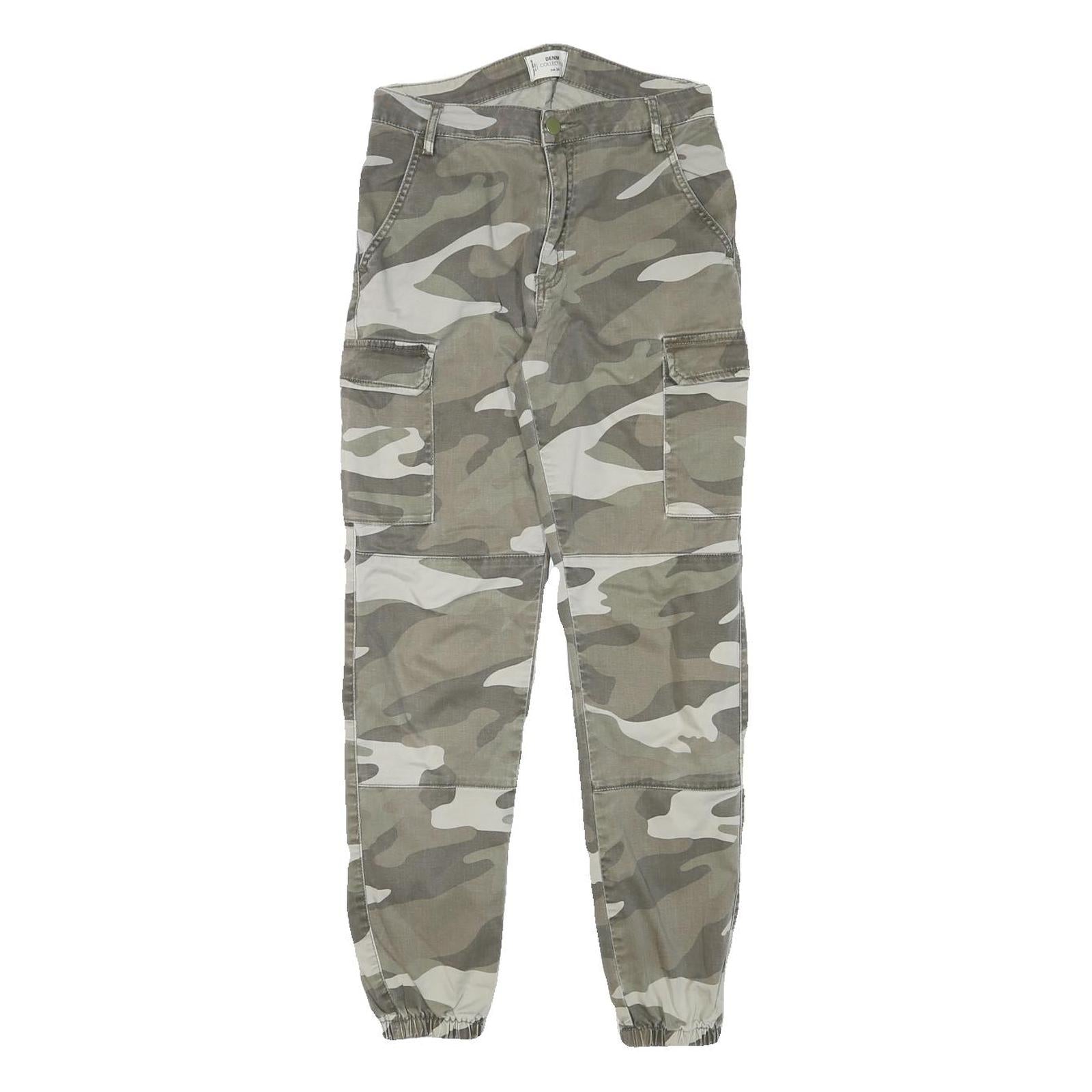 DENIM COLLECTION Mens Cotton Blend Grey Camouflage Relaxed Cargo Trousers W26