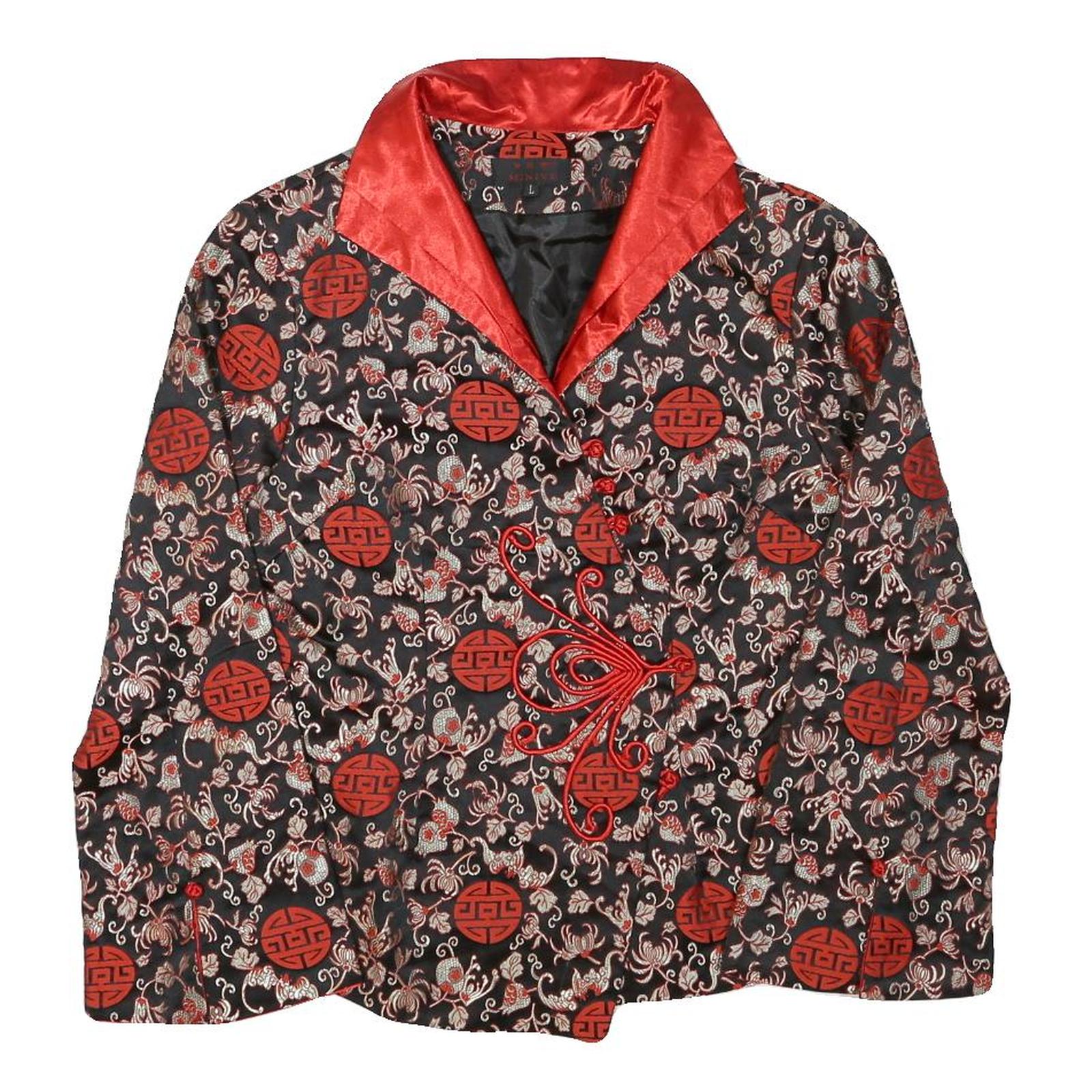 MINIYE Womens Black & Red Asian Inspired Button Jacket L Polyester Blend Floral