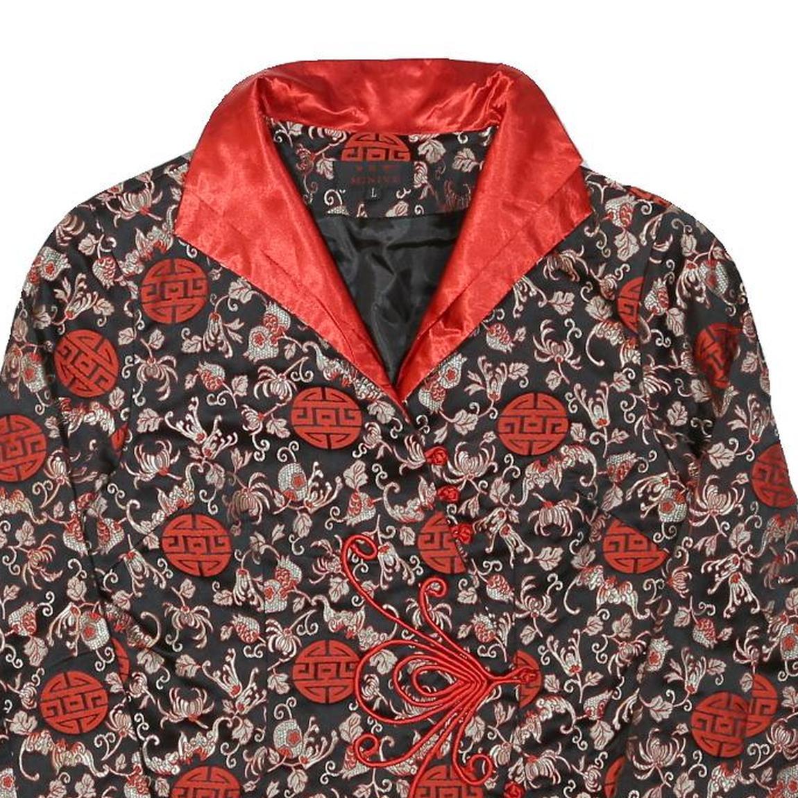 MINIYE Womens Black & Red Asian Inspired Button Jacket L Polyester Blend Floral