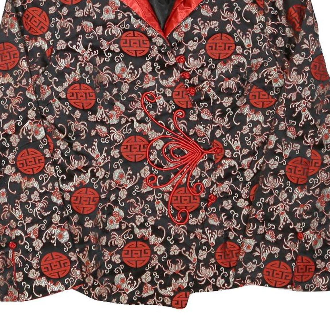 MINIYE Womens Black & Red Asian Inspired Button Jacket L Polyester Blend Floral