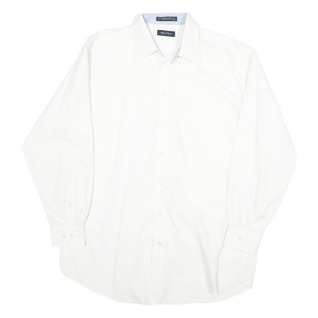 NAUTICA Mens White Plain Shirt L Cotton Blend Button Down Collar Long Sleeve