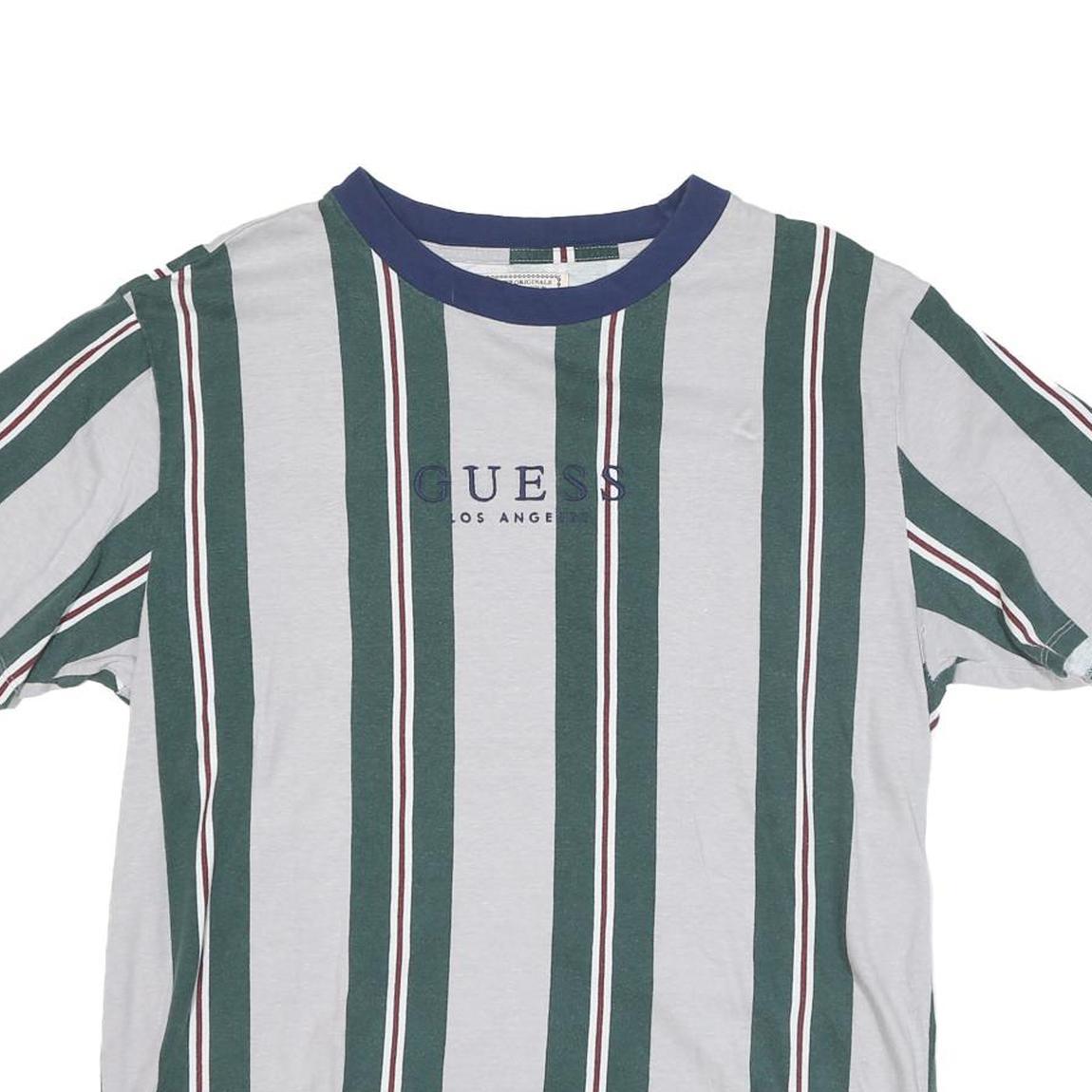 GUESS Mens Grey & Green Striped T-Shirt S Short Sleeve Crew Neck Cotton Blend