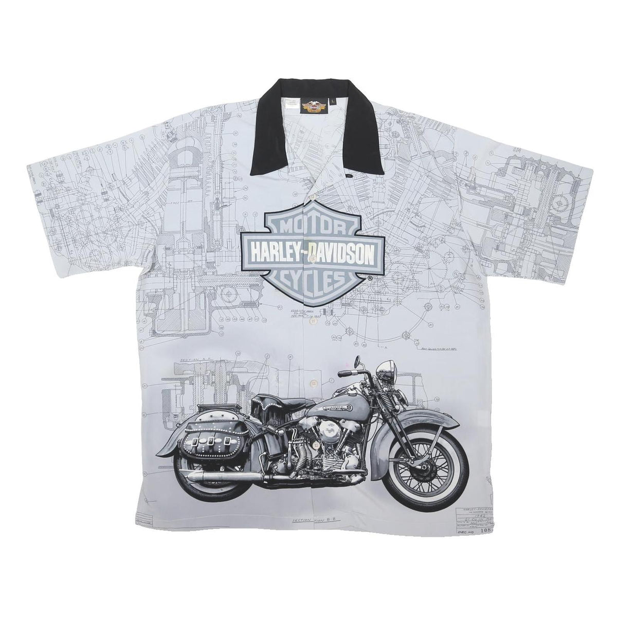 HARLEY DAVIDSON Mens White & Black Polyester Blend Shirt L Motorcycle Print