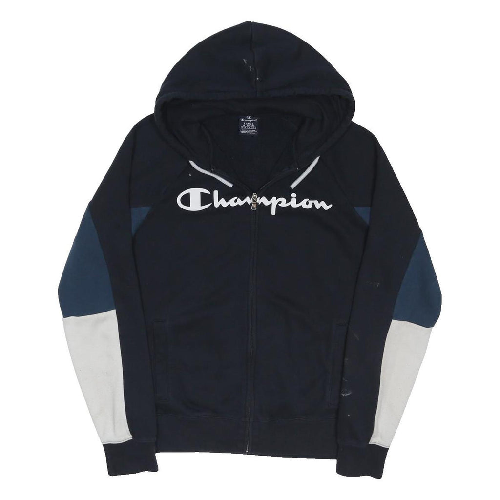 CHAMPION Mens Black Navy & White Zip Up Hoodie L Cotton Blend Casual Streetwear