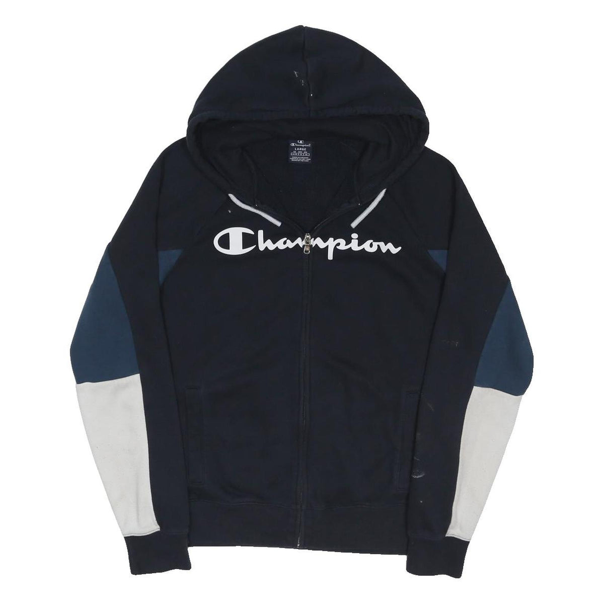 CHAMPION Mens Black Navy & White Zip Up Hoodie L Cotton Blend Casual Streetwear