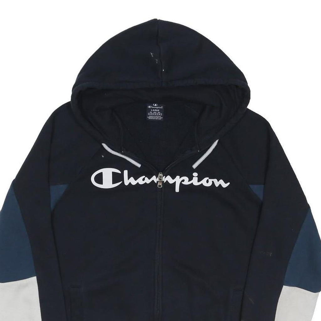 CHAMPION Mens Black Navy & White Zip Up Hoodie L Cotton Blend Casual Streetwear