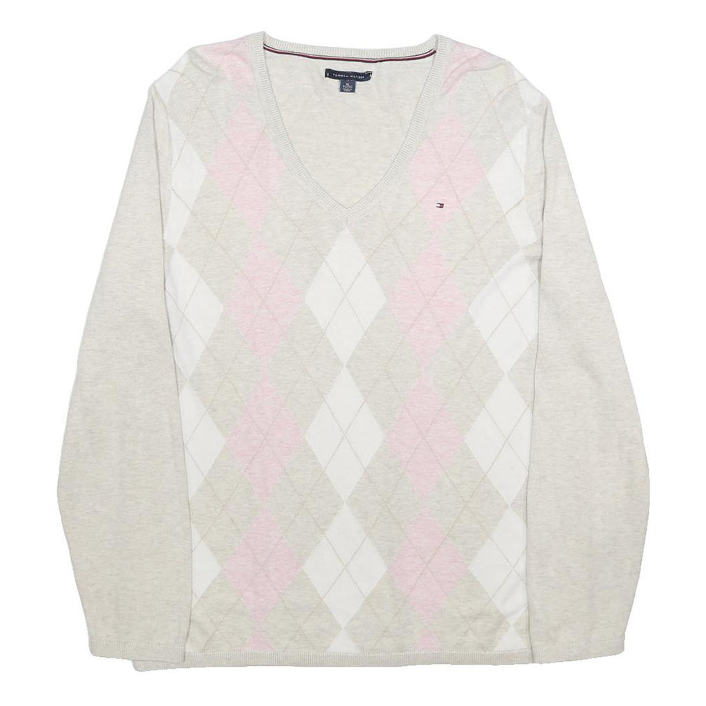 TOMMY HILFIGER Womens Cream Beige Pink Argyle Pattern V-Neck Slim Jumper XL