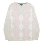 TOMMY HILFIGER Womens Cream Beige Pink Argyle Pattern V-Neck Slim Jumper XL