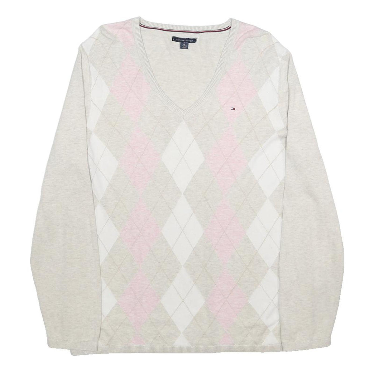 TOMMY HILFIGER Womens Cream Beige Pink Argyle Pattern V-Neck Slim Jumper XL